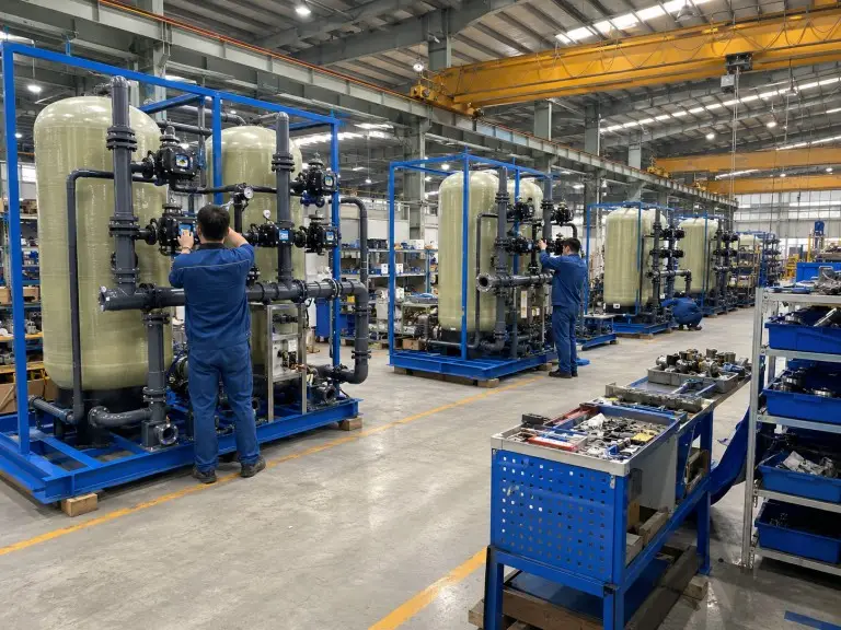 Hiju Qingdao factory workshop with assembled industrial water softener vessels, control valves, brine tanks, and inspection area