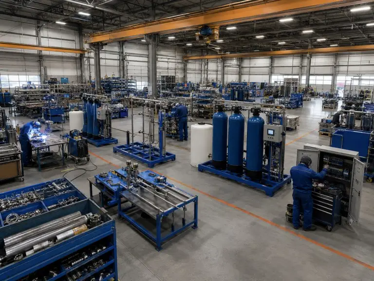Hiju factory workshop with multi-tank water softener skids in assembly and testing stages