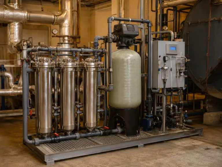 Boiler feedwater pre-treatment system with cartridge filter housings and control valve manifold