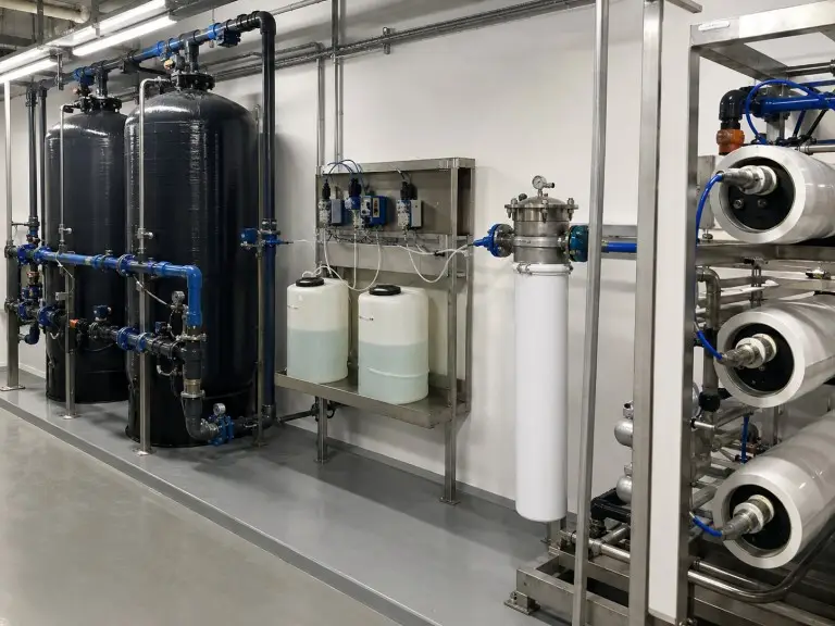 Pretreatment train for brackish water RO with media filtration, antiscalant dosing, cartridge filter, and membrane skid