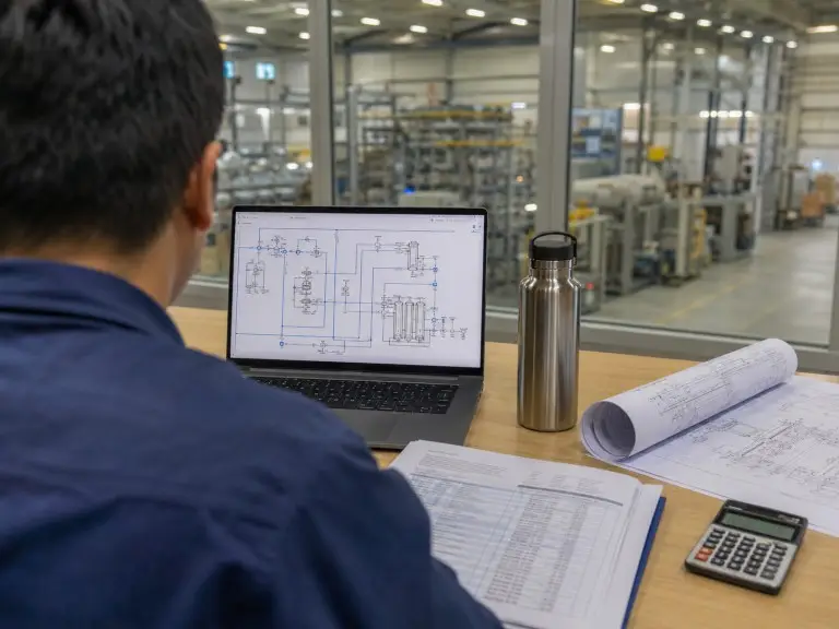 Engineer reviewing brackish water analysis report and RO system configuration before quotation