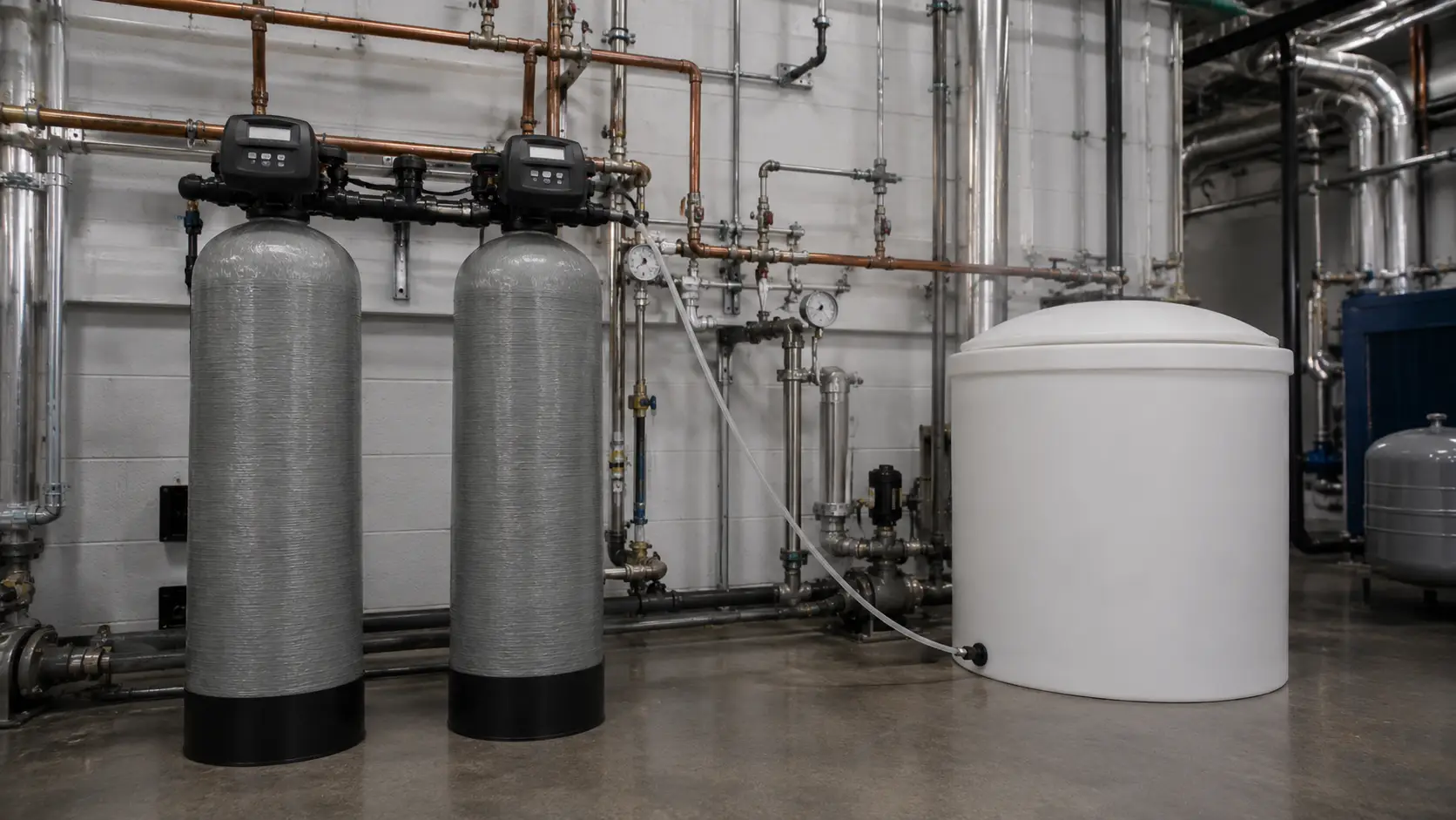 Commercial water softener with brine tank installed in hotel boiler room for scale prevention