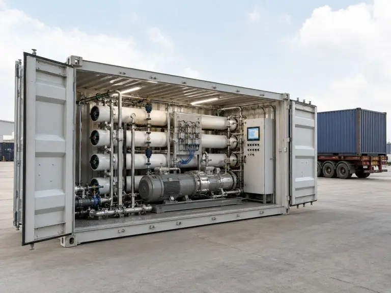 Containerized seawater reverse osmosis desalination unit for coastal and remote area supply