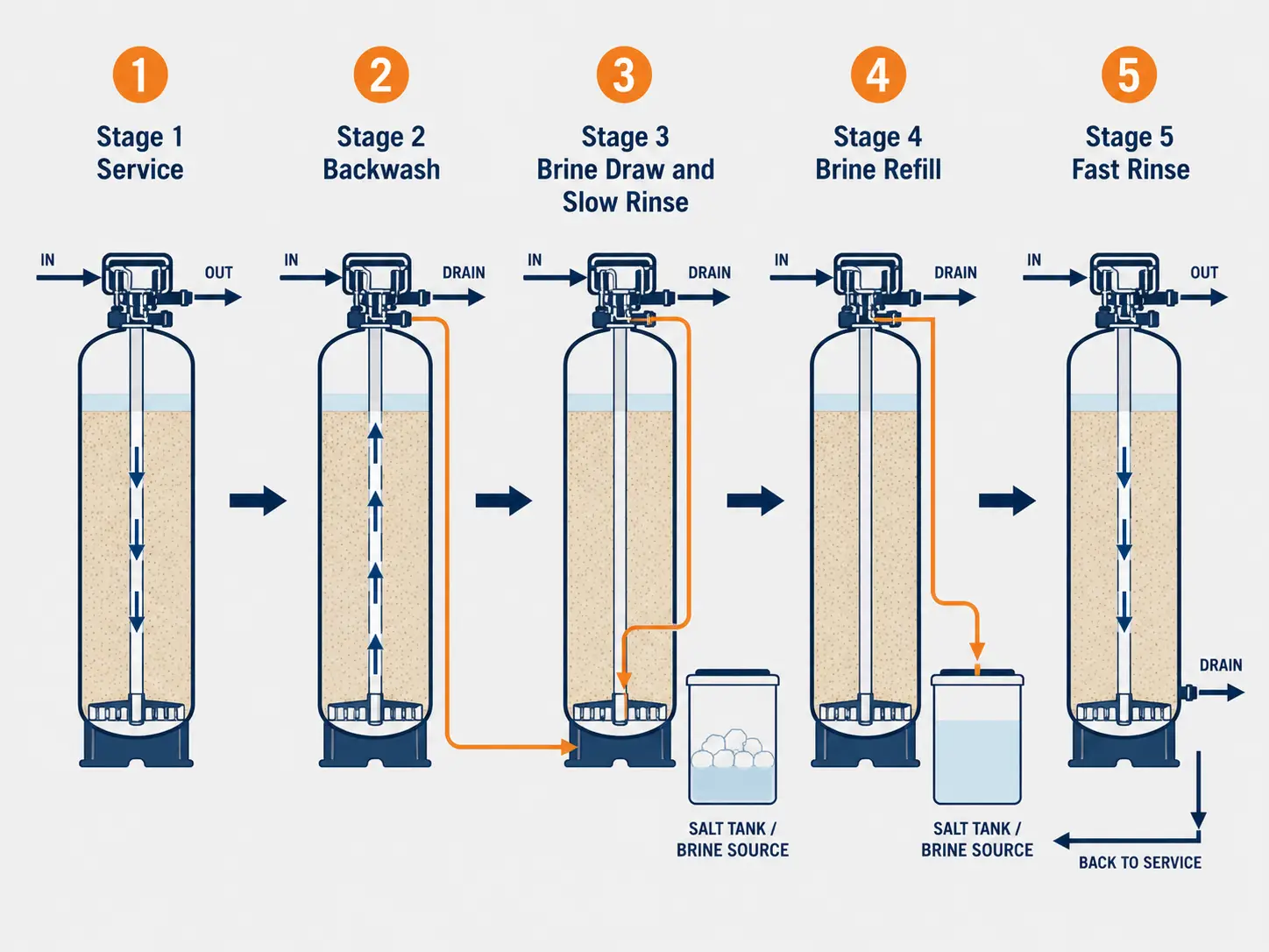 5-cycle water softener regeneration control valve sequence - service, backwash, brine rinse, brine refill, fast rinse - Hiju diagram