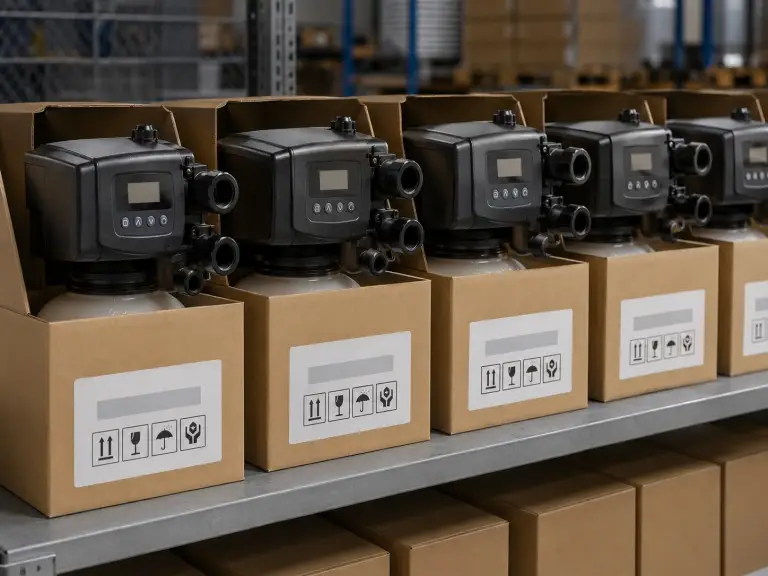 Water treatment control valves in export packaging on warehouse shelf ready for shipment