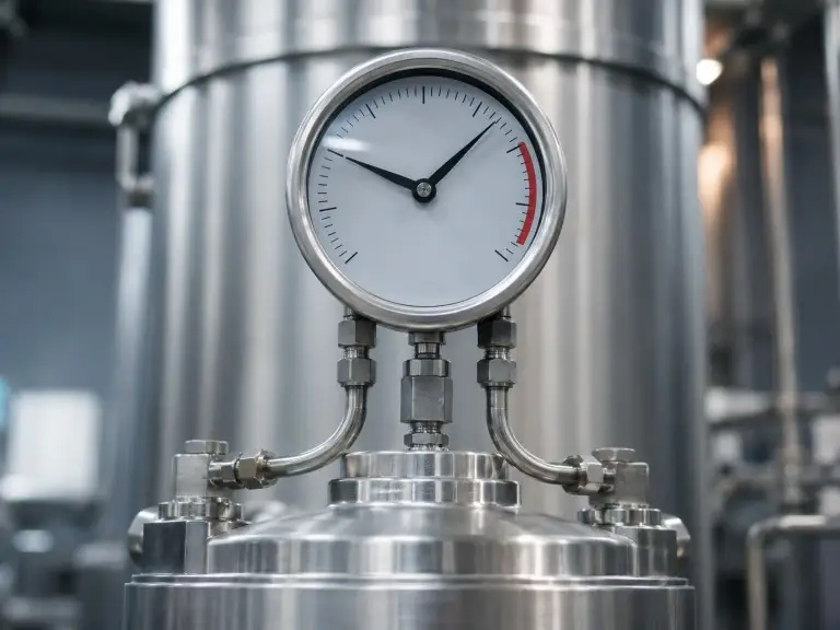 Differential pressure gauge on cartridge filter housing showing inlet and outlet pressure indicators for ΔP-triggered cartridge replacement