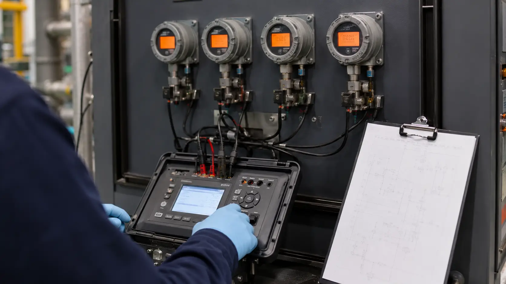 Engineer verifying water quality instrument readings on PLC control panel during commissioning