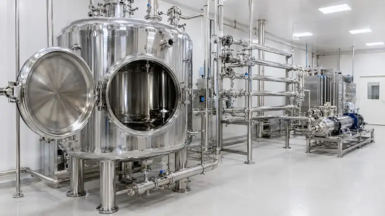 Intermediate buffer tank in food production plant water treatment room, stainless steel construction