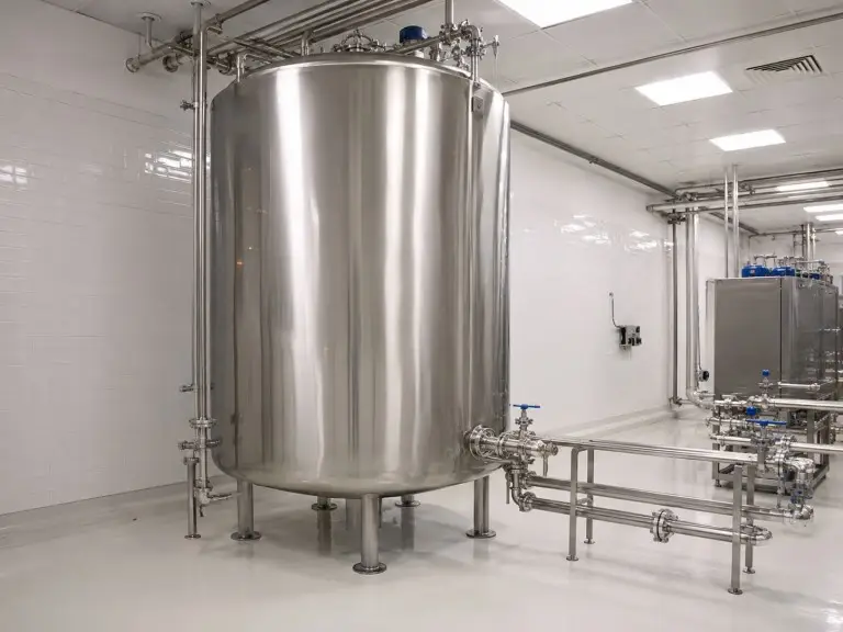 Food production facility interior with insulated storage tank for temperature-controlled process water service
