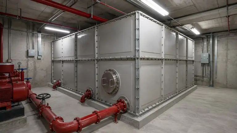 Underground or plant-room FRP fire reserve storage tank — fire suppression buffer system