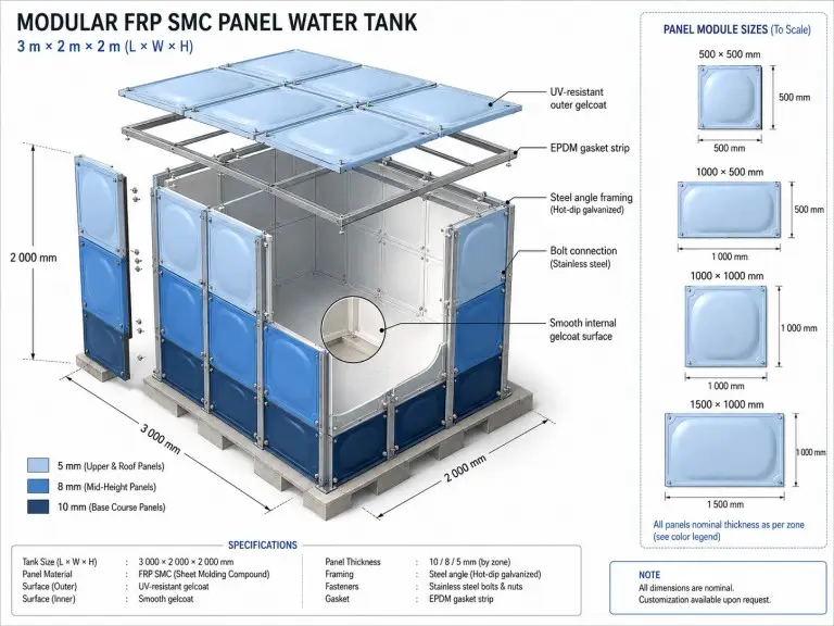 FRP panel module assembly diagram showing grid configuration and height tiers
