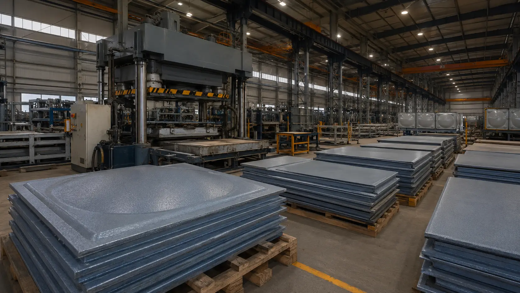 FRP tank panel production workshop interior — compression moulding facility, Qingdao