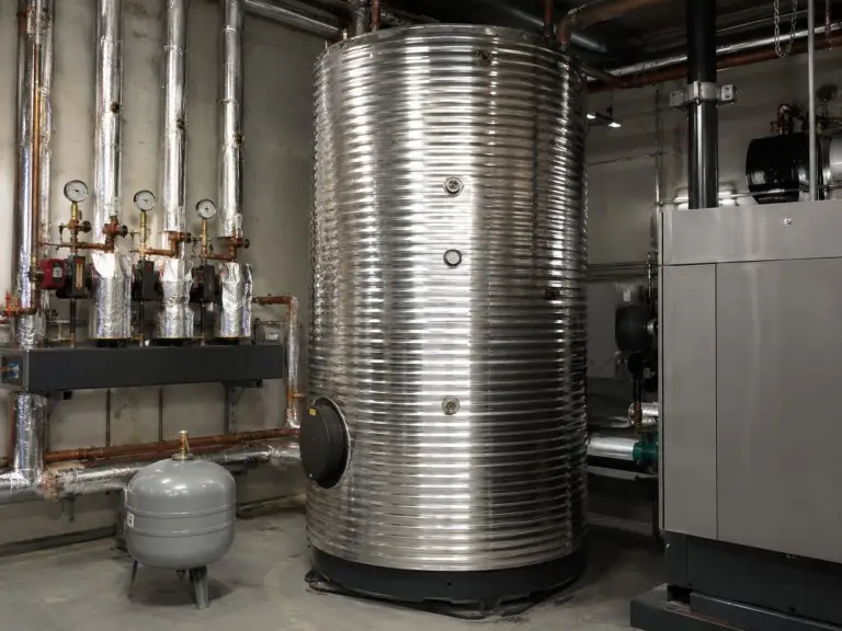 Hotel boiler room or commercial hot water plant with vertical insulated buffer tank installation