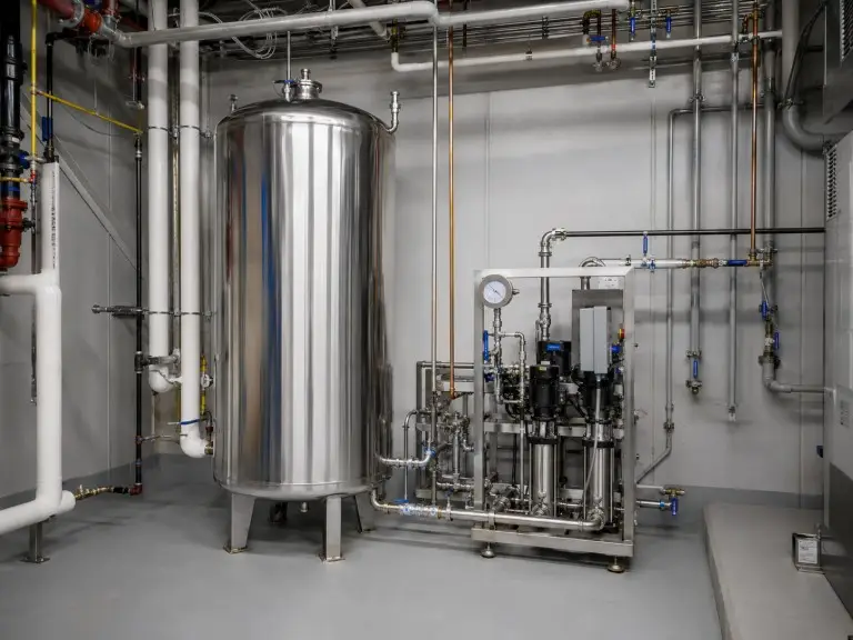 Hotel mechanical room - post-RO pure water buffer tank in commercial building water treatment system