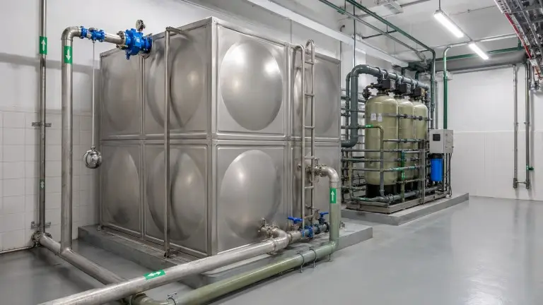 Stainless steel raw water intake tank in hotel water treatment plant room