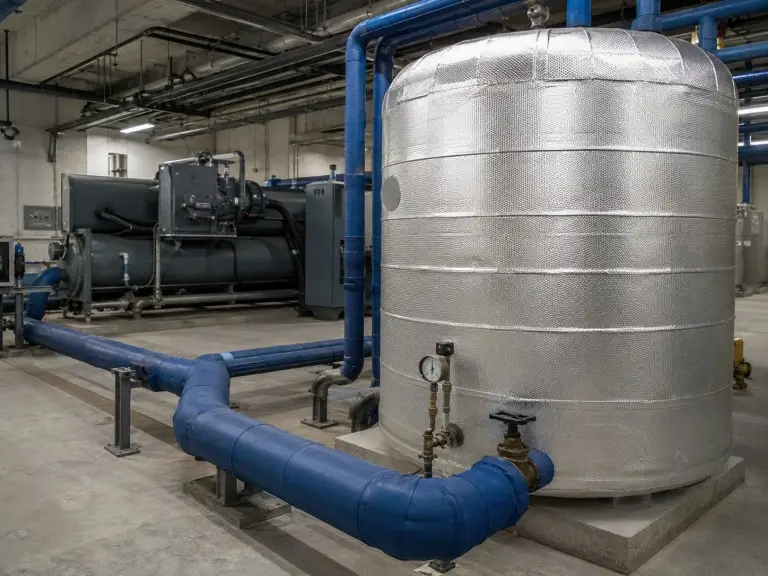 HVAC plant room with chiller and insulated buffer tank arrangement in tropical climate facility