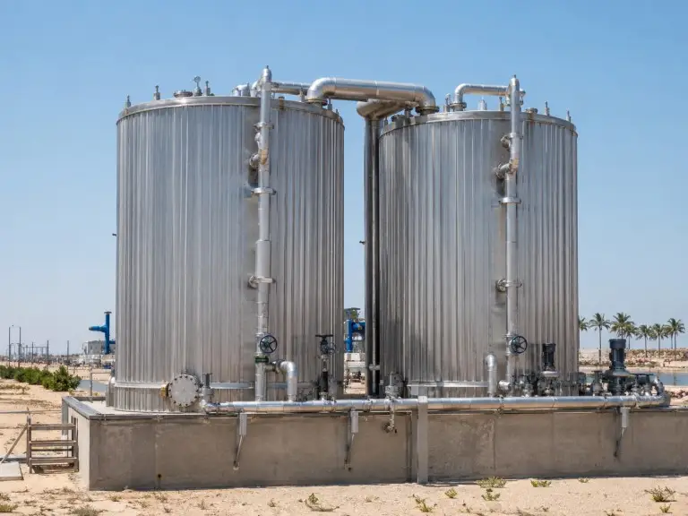 Outdoor industrial process water plant with insulated tank installation in high ambient environment
