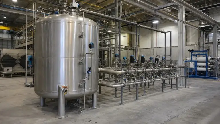 Industrial process water buffer tank between water treatment system and boiler feed header, manufacturing facility
