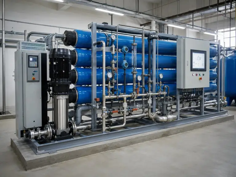 Industrial reverse osmosis water treatment skid with FRP membrane housings and high-pressure pump