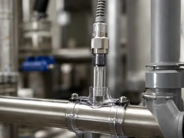 Close-up of inline pH sensor probe mounted on stainless pipe