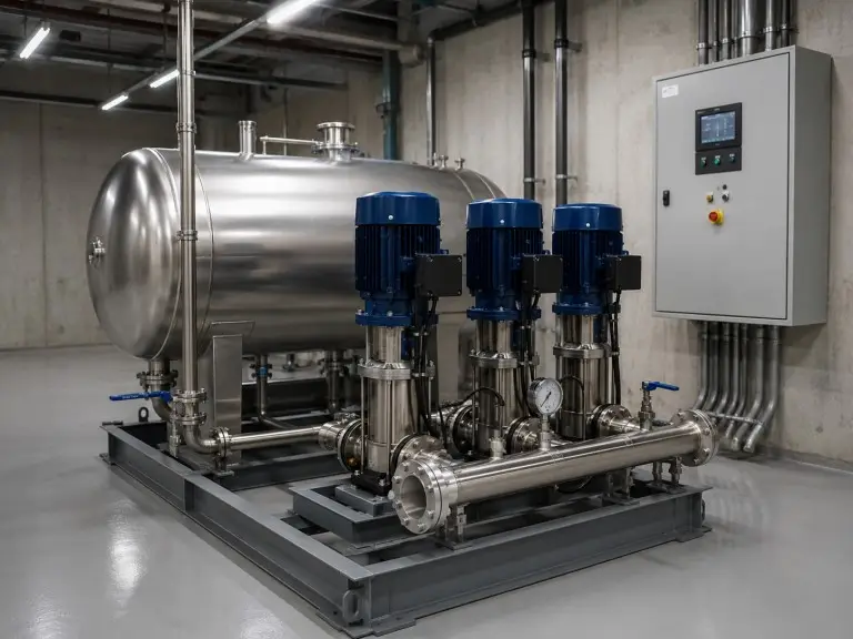 Installed non-negative pressure water supply equipment with steady-flow tank pump skid control cabinet and pipework