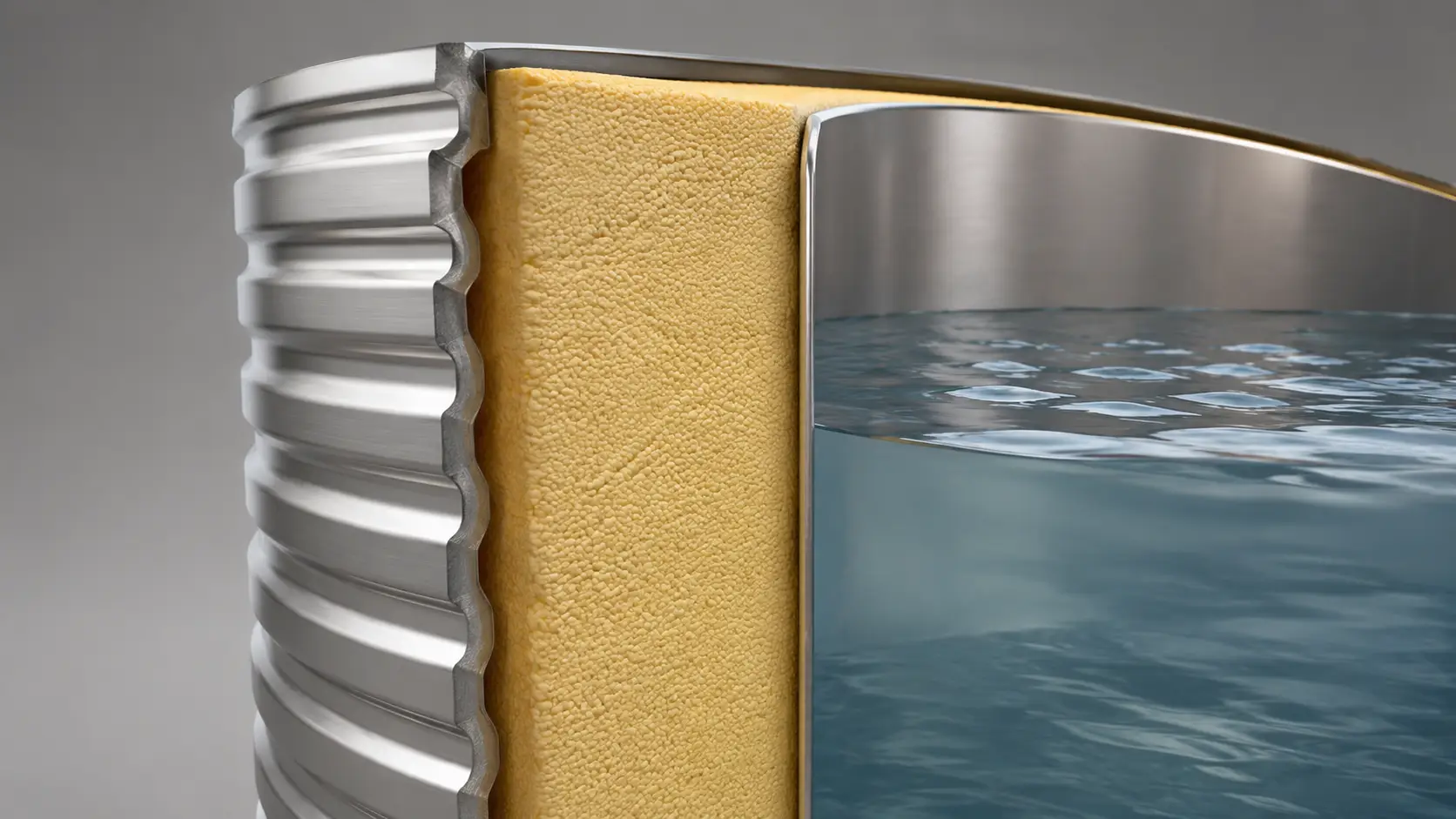 Annotated insulated tank wall cross section showing outer jacket PU foam insulation stainless inner shell and stored water zone