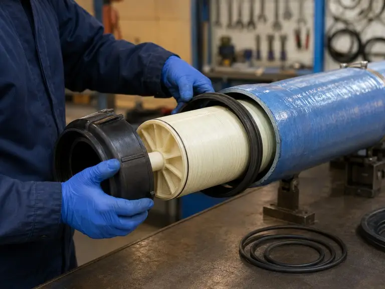 RO membrane housing end cap and element loading detail