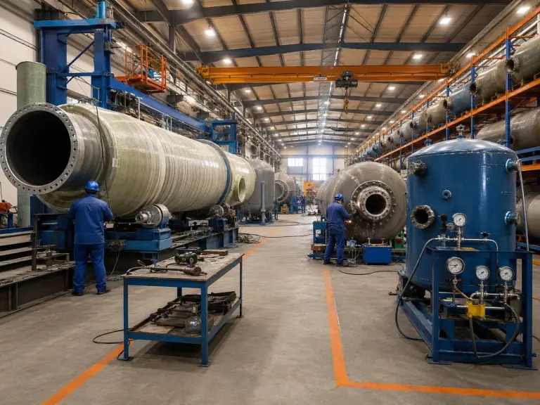 Hiju workshop interior showing multi-media filter vessel fabrication and pressure vessel assembly