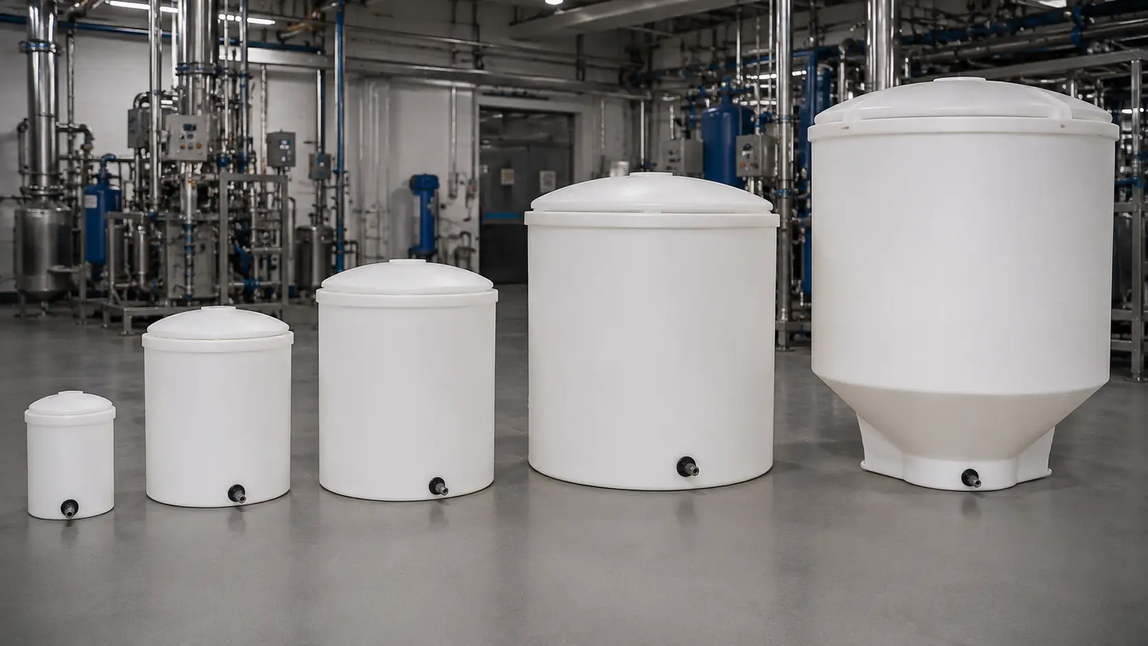 Industrial salt tanks and brine tanks in PE from 25 L to 2,000 L for water softener systems