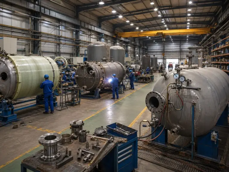 Hiju factory workshop with filter vessel fabrication and pressure testing area in Qingdao
