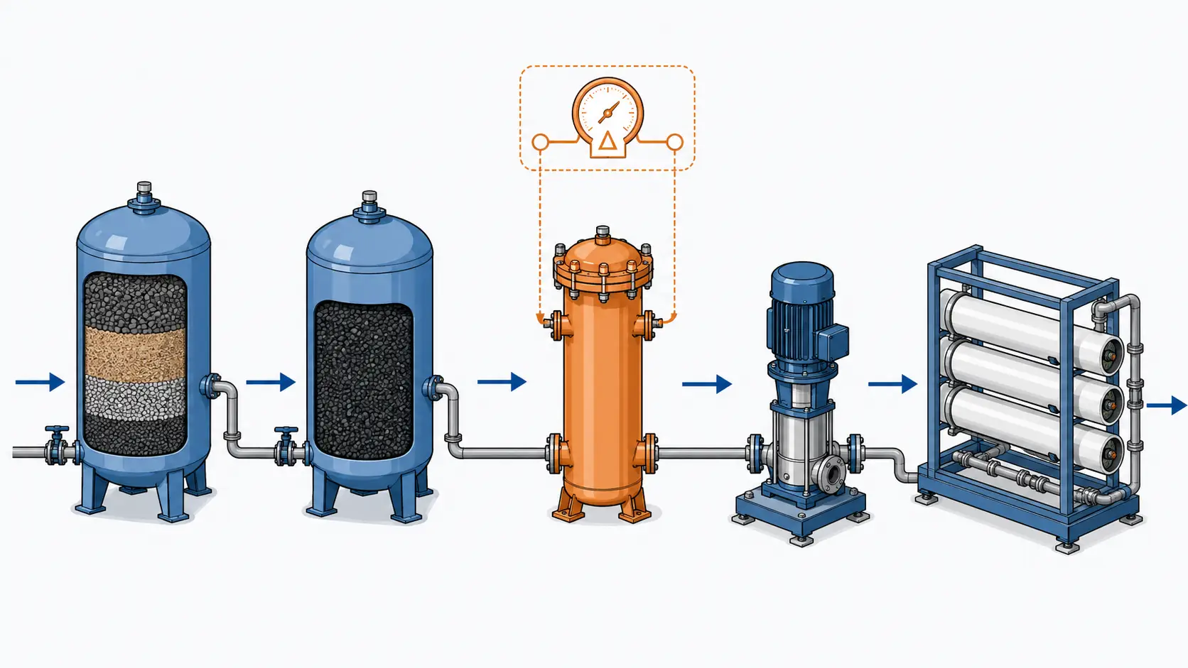 Pretreatment train flow diagram showing cartridge filter housing position before RO membranes, with differential pressure gauge callout