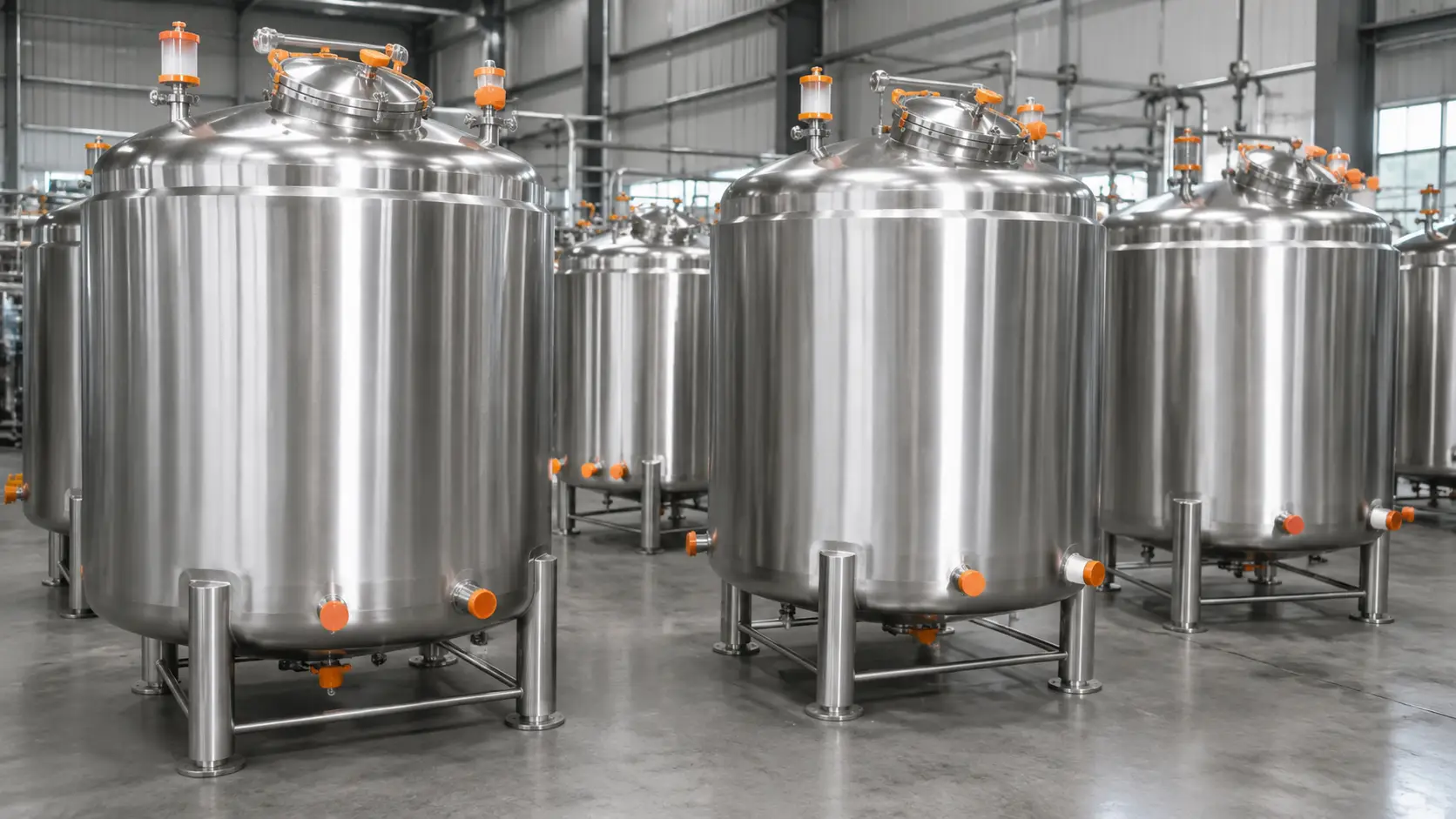 Pure water storage tanks in workshop showing connection nozzle layout and manhole