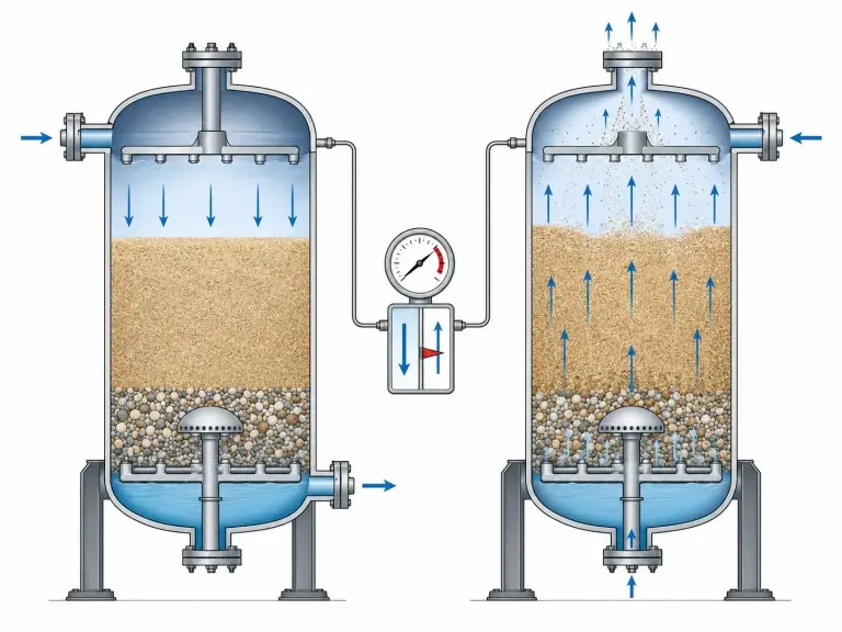 Quartz sand filter backwash cycle diagram showing filtration phase, differential pressure trigger and bed expansion