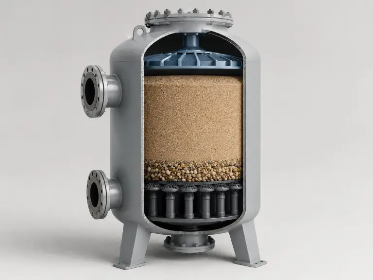 Cutaway of quartz sand filter vessel internal structure with gravel support bed, media layer and distribution nozzles