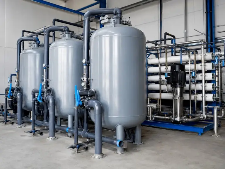 Quartz sand filtration tank used for first-stage clarification ahead of a reverse osmosis membrane bank