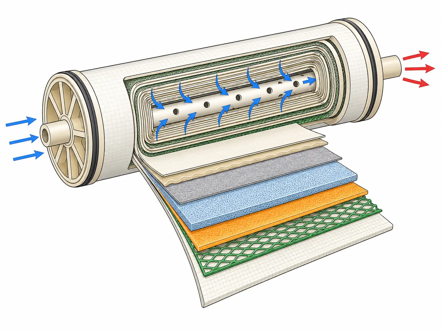 Cross-section diagram of spiral-wound RO membrane element layers: polyester base, polysulfone support, polyamide TFC layer
