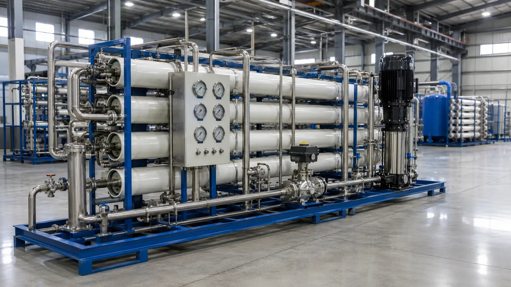 Complete RO pressure train skid with membrane housings, high-pressure pump, and control valves