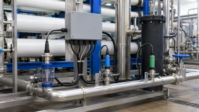 RO system skid with inline water quality monitoring instruments installed at feed and permeate points