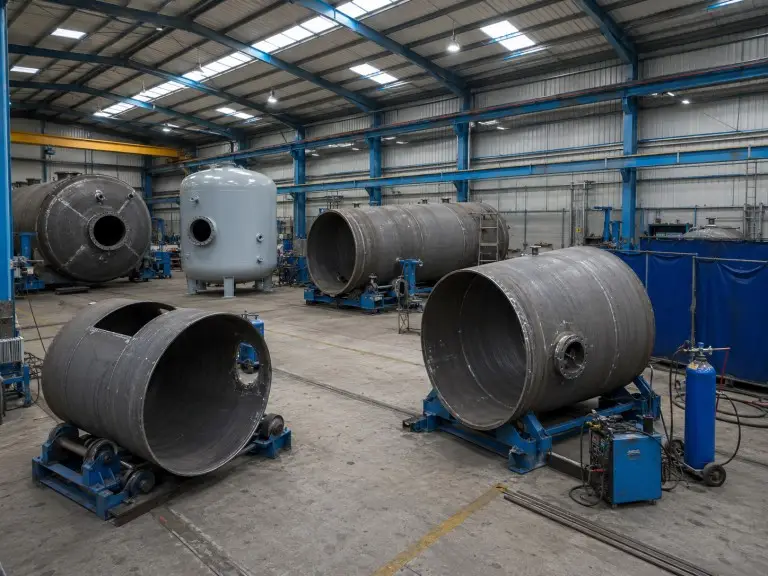 Pressure filter vessel fabrication workshop with welding stations and finished sand filter tank shells