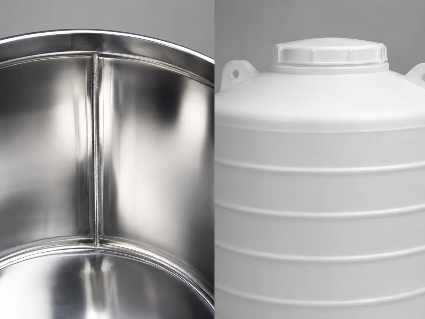 SS316L polished interior surface (left) vs. PE water tank exterior (right) - material selection comparison for pure water storage