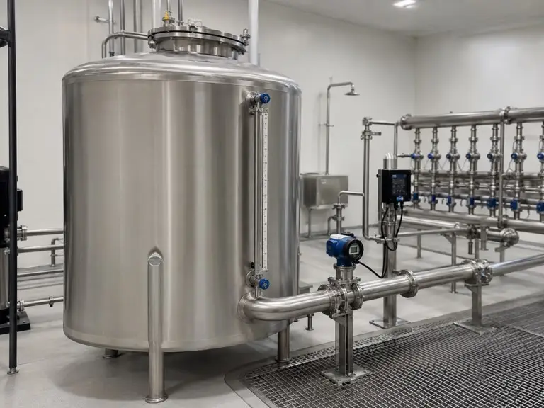 Stainless steel RO permeate buffer tank with downstream piping and instrumentation in industrial water treatment installation