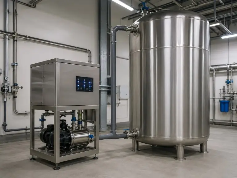 External SCII tank sterilizer installed beside stainless steel water storage tank