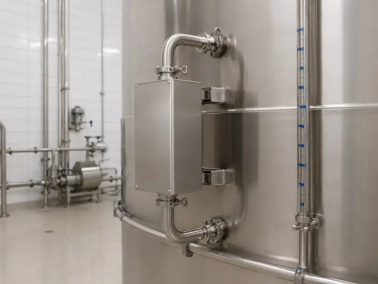 Tank self-cleaning sterilizer unit mounted on storage tank wall with recirculation pipe connections