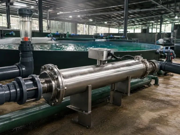 UV sterilizer installed on aquaculture recirculating water system for fish hatchery biosecurity
