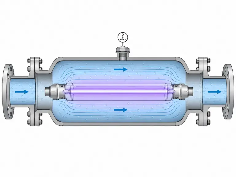 UV-C disinfection process flow diagram for pre-filtered water treatment at 253.7 nm
