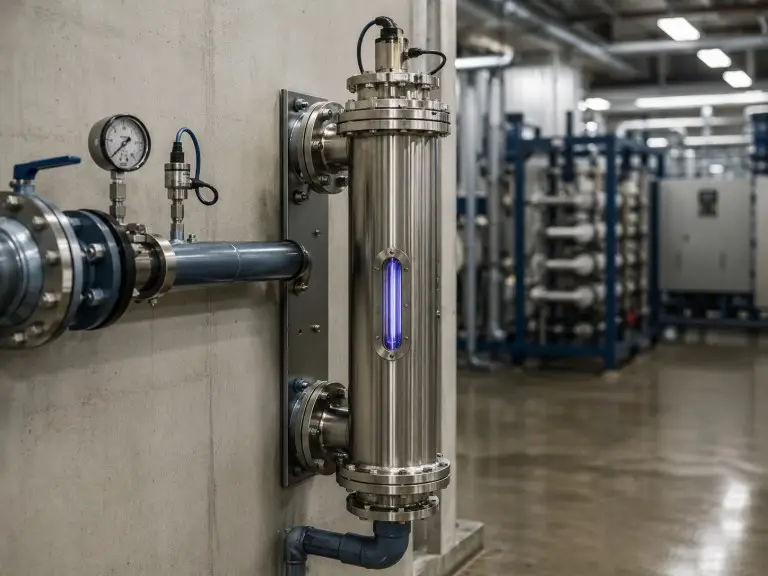 Industrial inline UV sterilizer with stainless steel chamber and glowing quartz sleeve in a water treatment facility