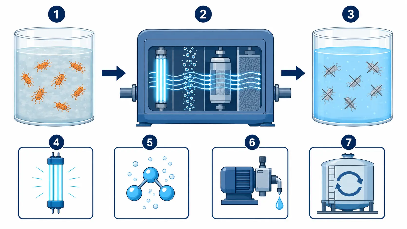 Numbered principle diagram of a water disinfection system from untreated water through the disinfection barrier to disinfected water