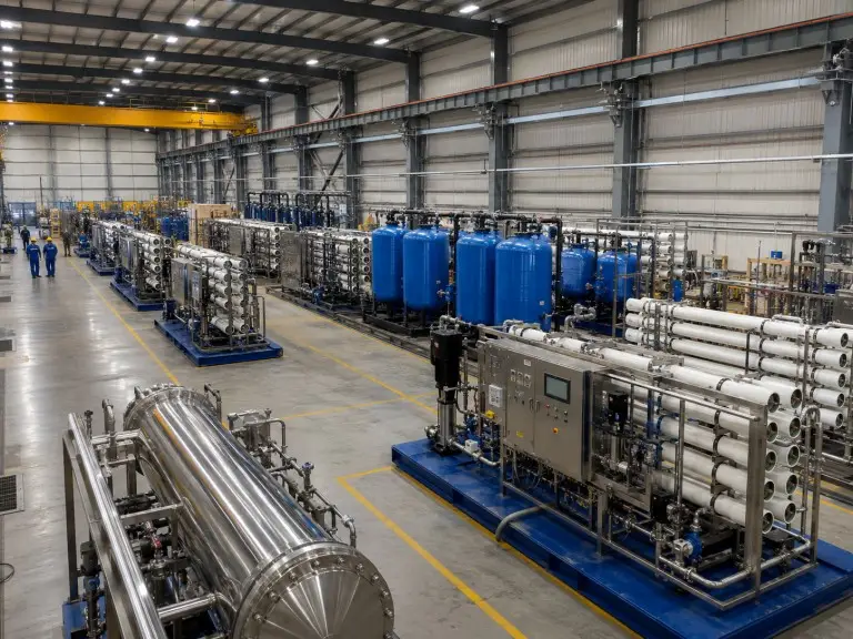 Water treatment equipment assembly workshop — industrial water treatment solutions production at Hiju