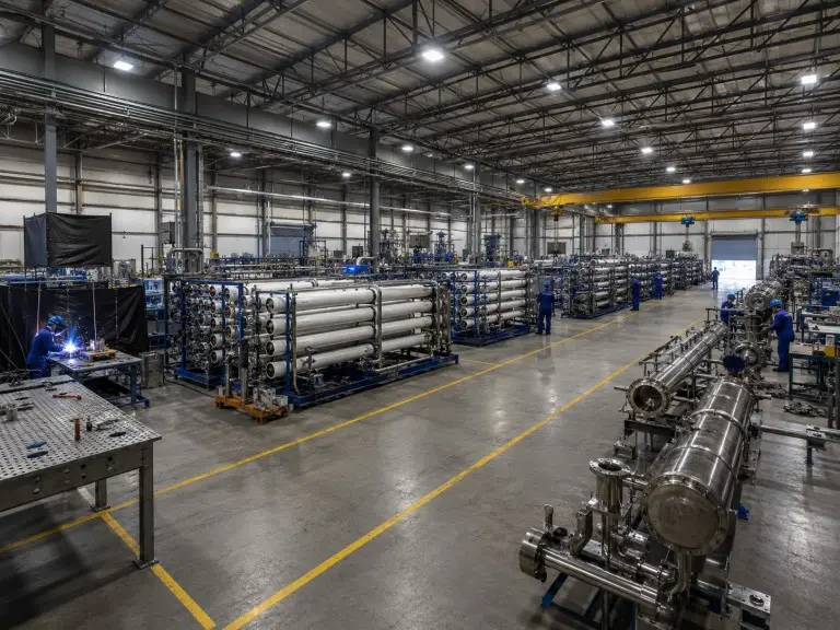 Water treatment equipment assembly workshop — UF skid, RO membrane housing, and UV steriliser production line