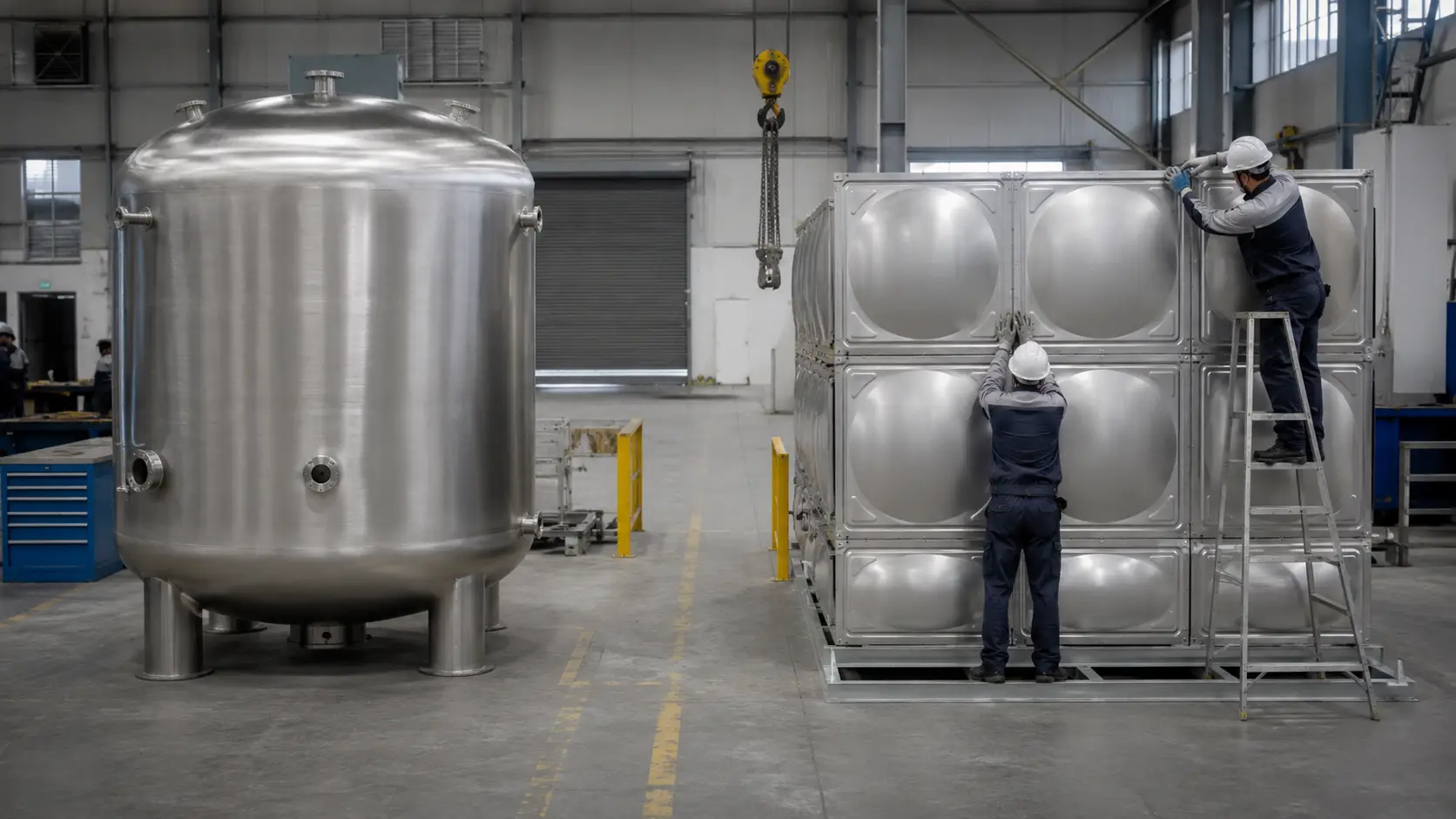 Welded cylindrical stainless steel tank fabrication alongside modular SS panel assembly in Hiju production workshop